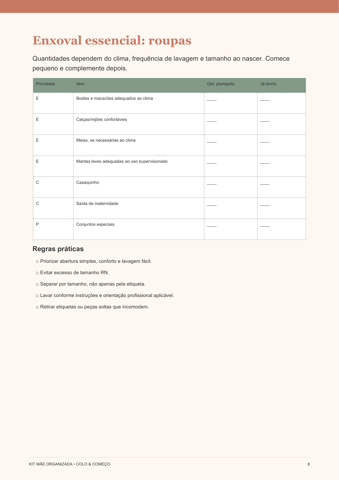 Página do checklist de enxoval